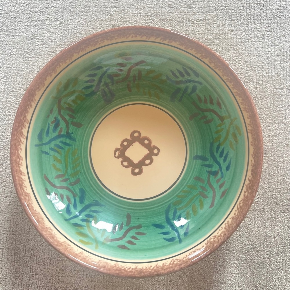 Luneville Peint Main France Hand Painted Ceramic Bowl Green Brown Leaves 8.25"